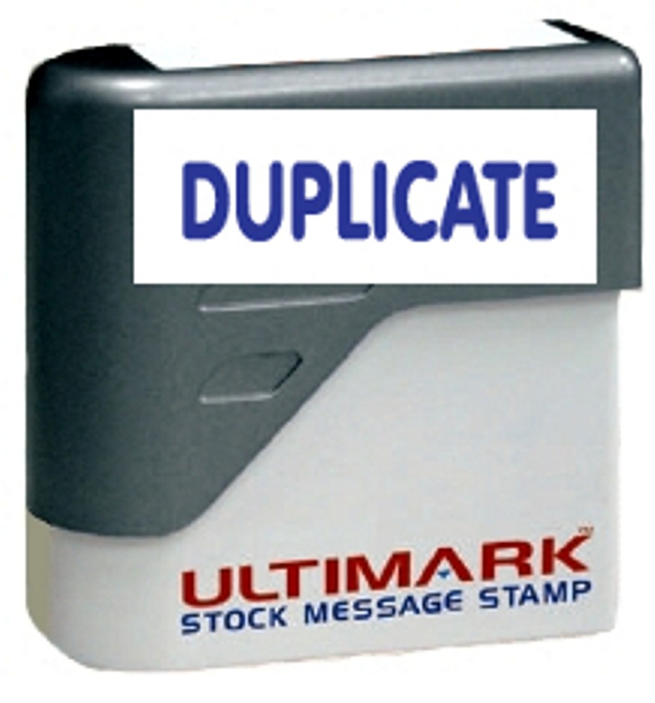 DUPLICATE stamp text on Ultimark Pre-inked Message Stamp with Blue Ink