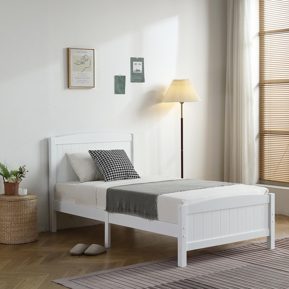 White Twin Size Solid Wood Platform Bed Frame Single Bed with Headboard
