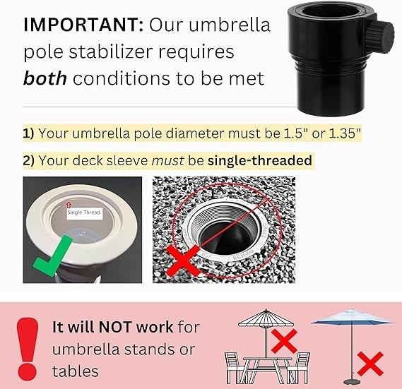 Umbrella Pole Stabilizer reducer threaded adapter insert for Baja Deck Pool Slee