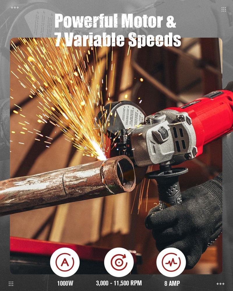 Electric 4-1/2" Angle Grinder 1000W with Adjustable Speed & Paddle Switch