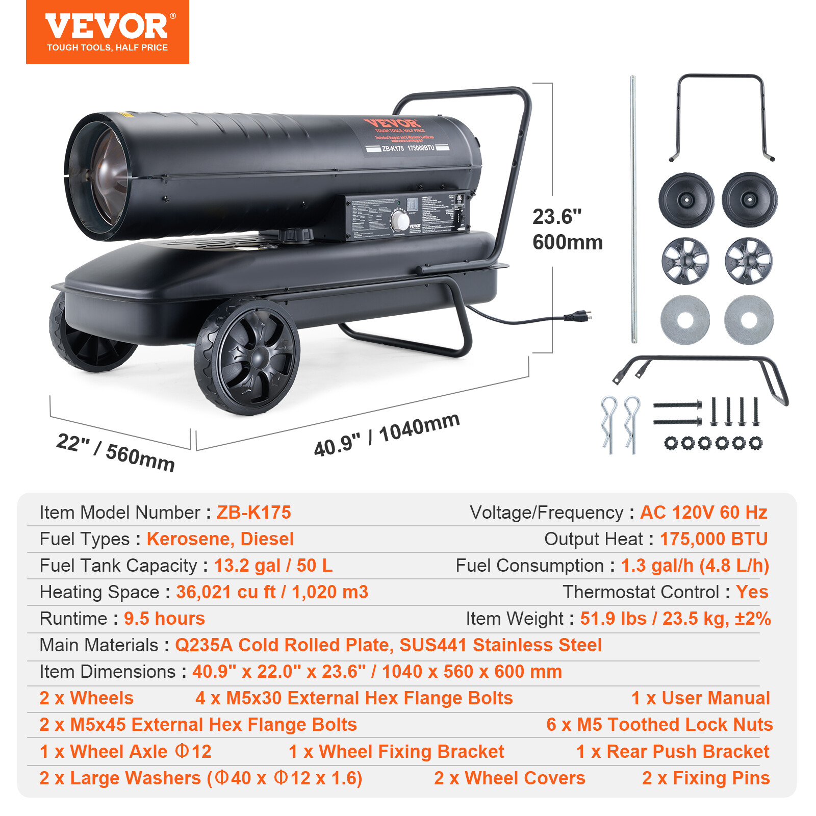VEVOR Portable Kerosene Forced Air Heater 175000 BTU Indoor Outdoor 13.2gal Tank