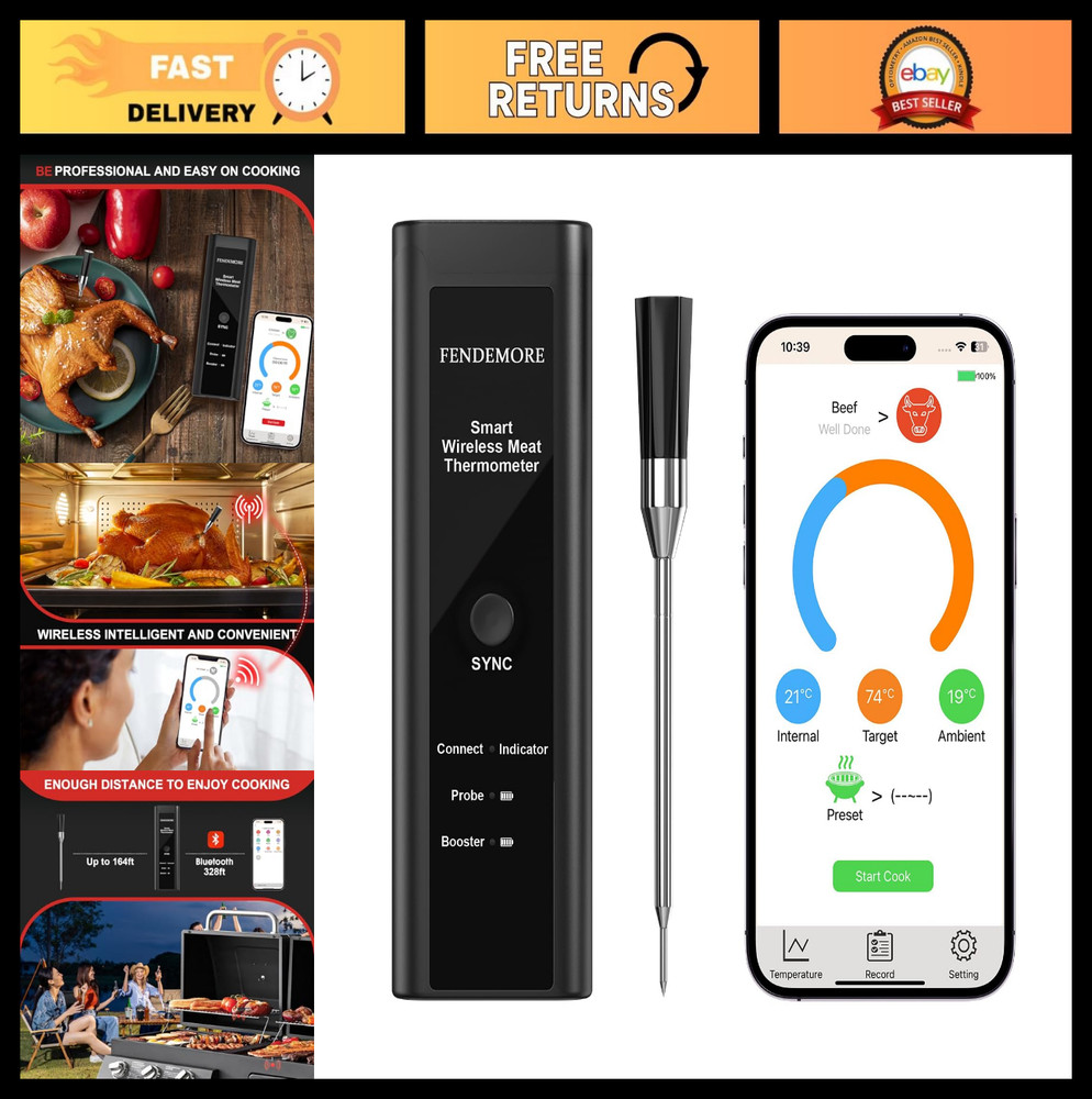 Wireless Bluetooth Digital Meat Thermometer - Instant Read BBQ & Kitchen Cooking