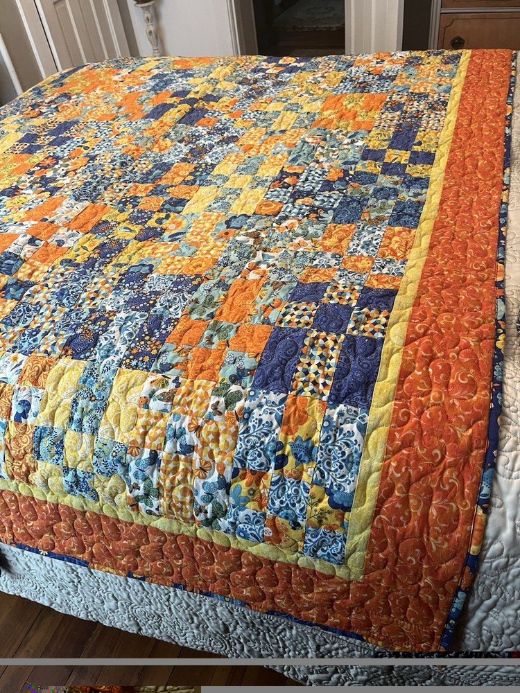 Handmade Quilt Patchwork Cotton Twin Blue & Orange Vibrant Bedspread