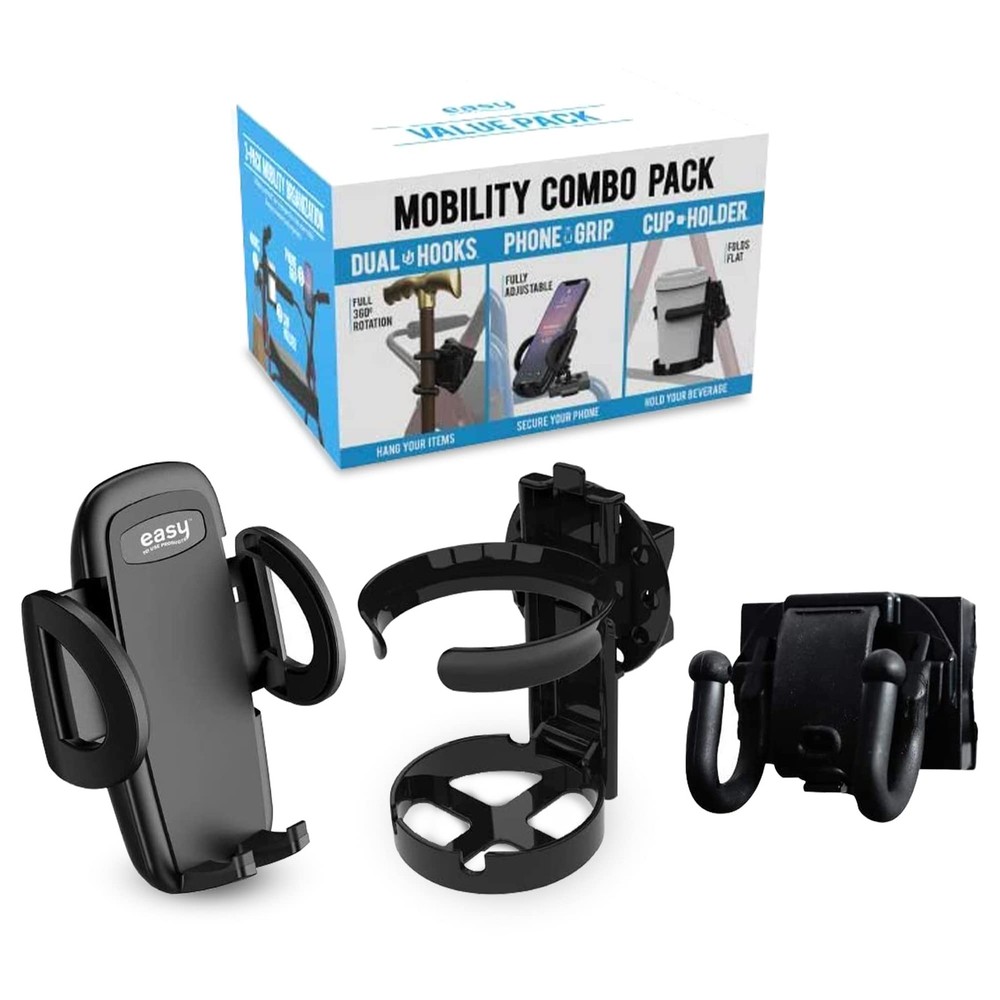 Mobility Combo Pack, Hook, Phone and Cup Holder for Walker, Portable Beverage...