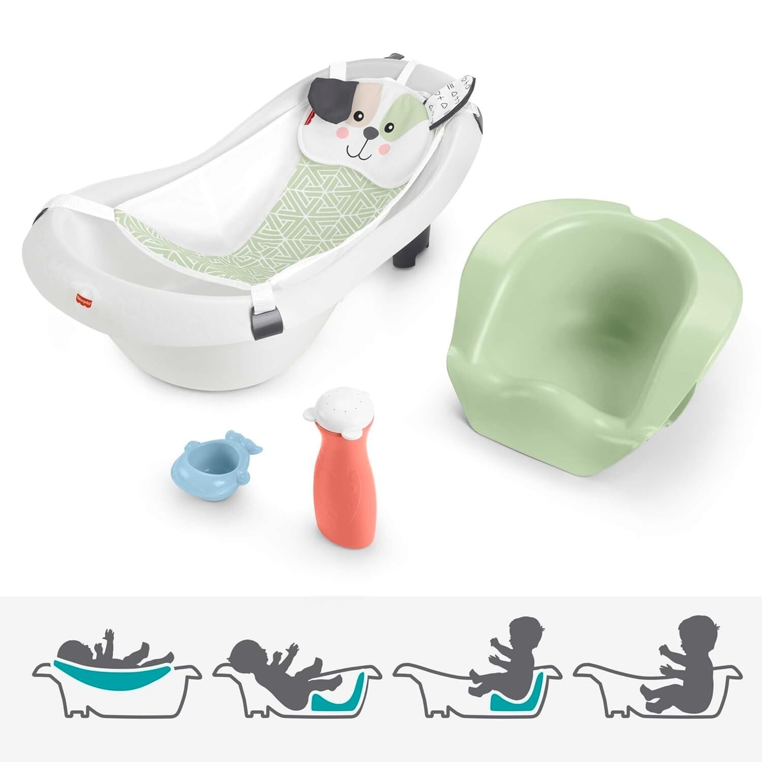 Fisher-Price Baby to Toddler Bath 4-in-1 Slingn Seat Tub 2 Toys Puppy Perfection