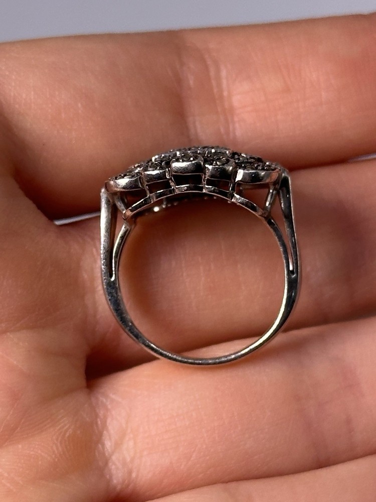 925 Sterling Silver Marcasite Pave Openwork Ring, Sz 7.25