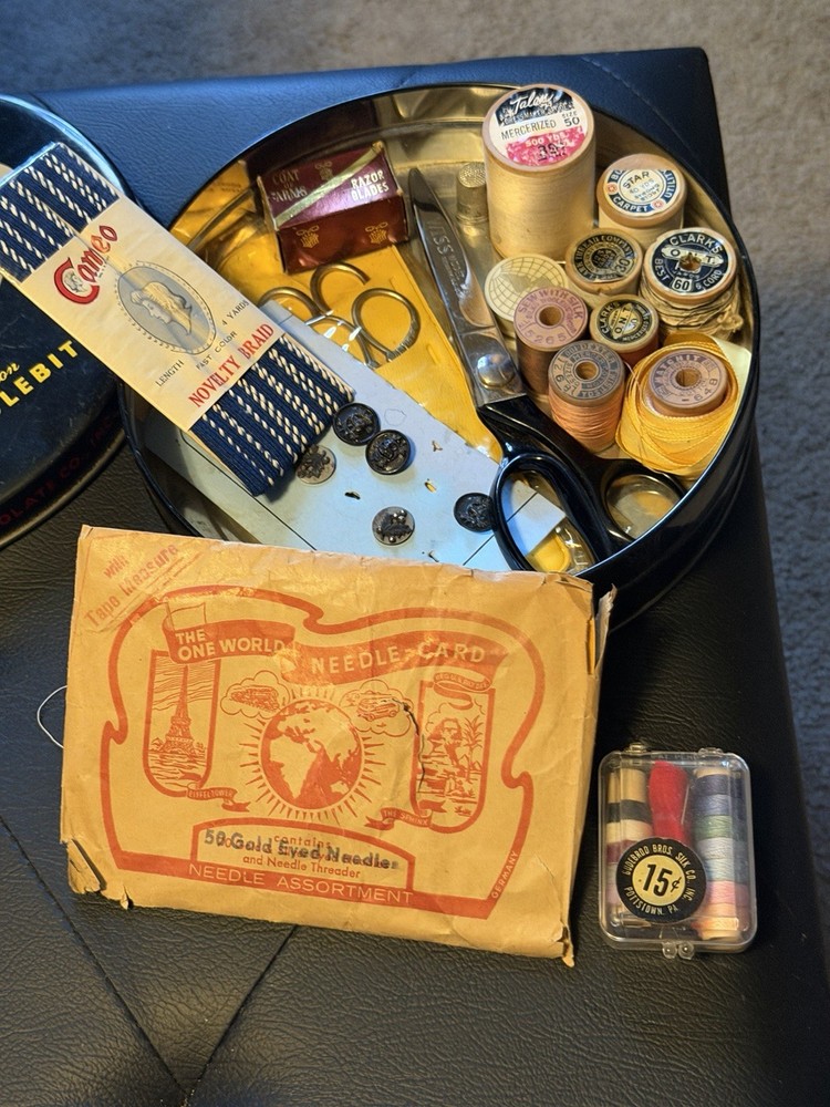 Vintage Sewing kit includes Scissors, Sewing Needles, Thimble, Threads etc