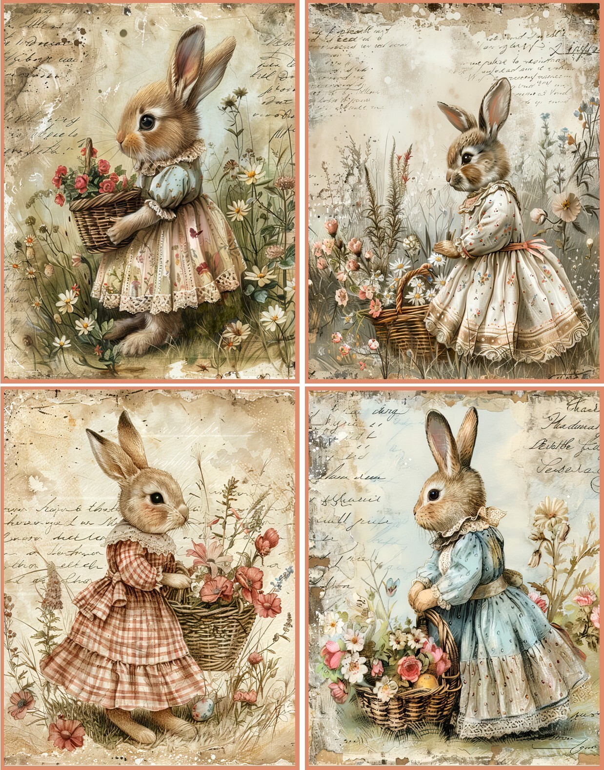 8 EASTER VINTAGE BUNNY RABBIT FLOWERS BASKET GLOSSY BLANK FOLD OUT CARD ENVELOPE