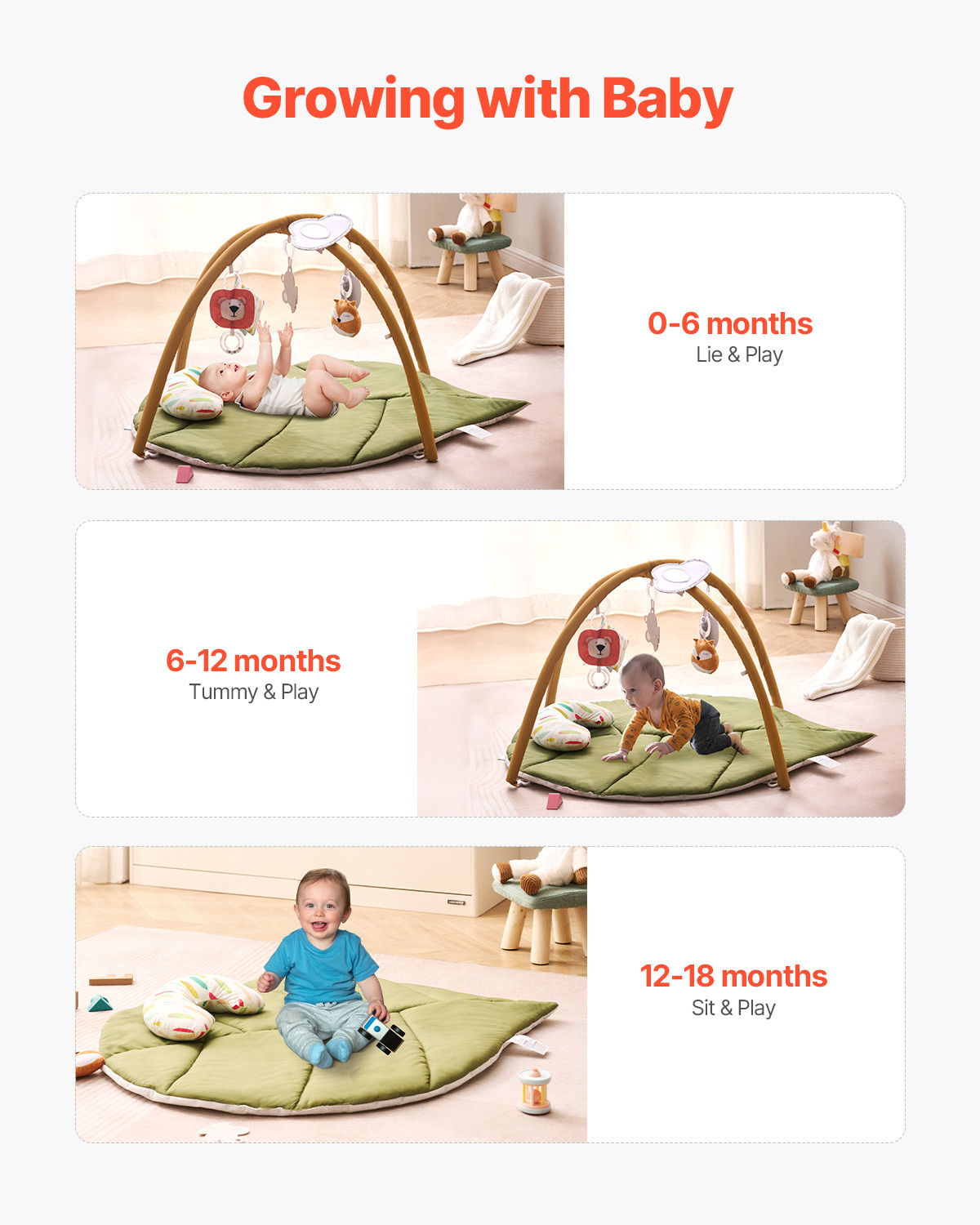 VEVOR Baby Play Gym Mat Tummy Time Activity Mat with 6Sensory Toys 42.9" x 33.5"