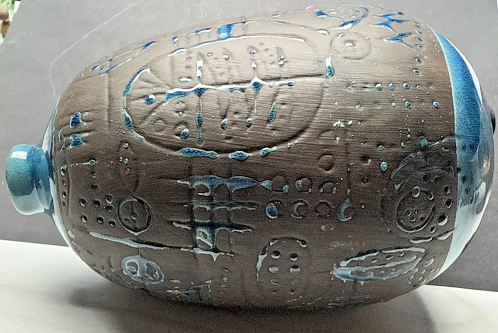 Contemporary Ashluxe Handmade Ceramic Table Vase Script Blue Brown Crackle As Is