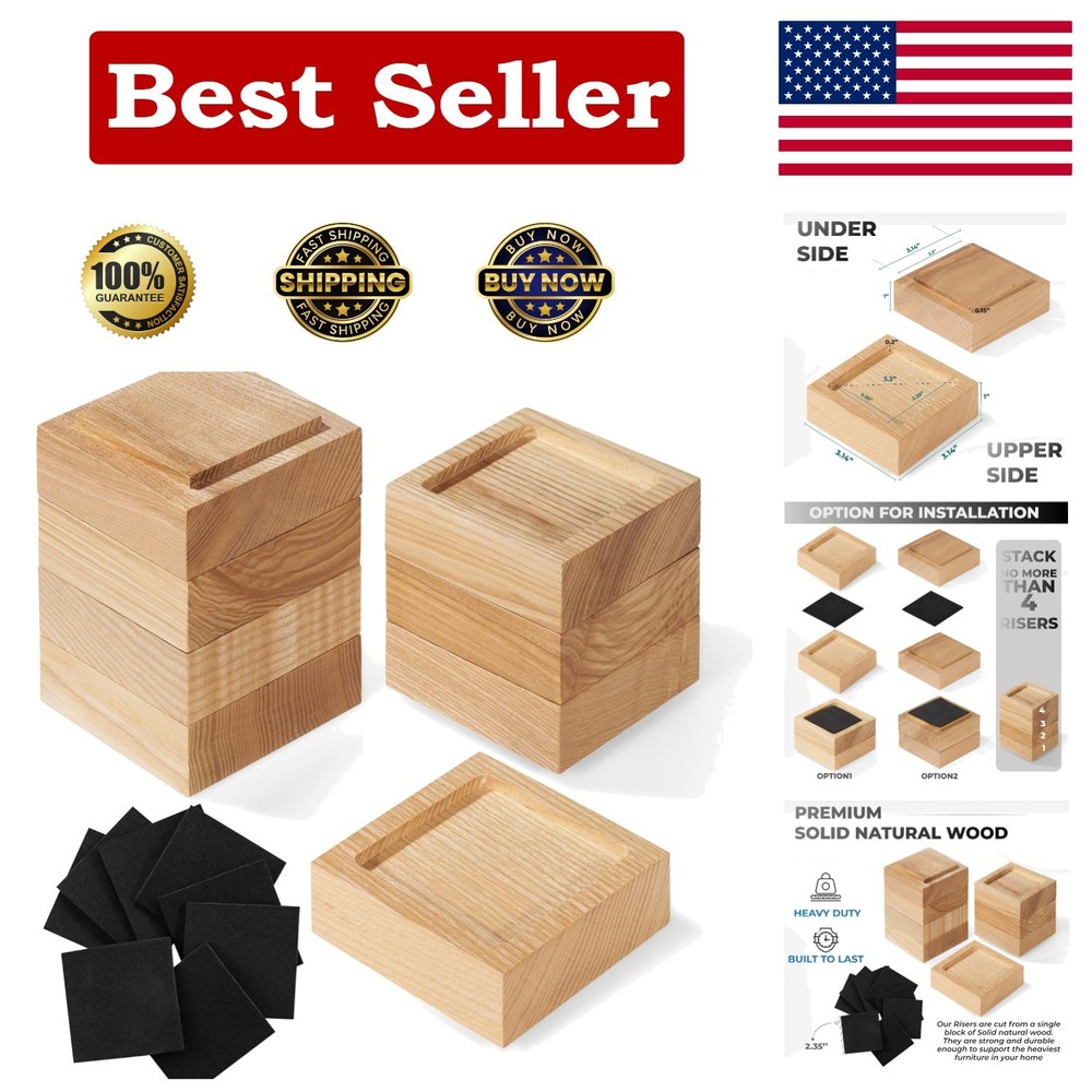 Quality Oak Bed Risers Set of 8 - Adjustable Heights for Maximum Stability