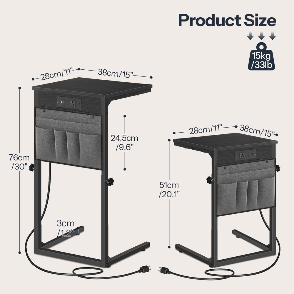 BB77USF01 Black C Shaped End Table With Charging Station Adjustable Height