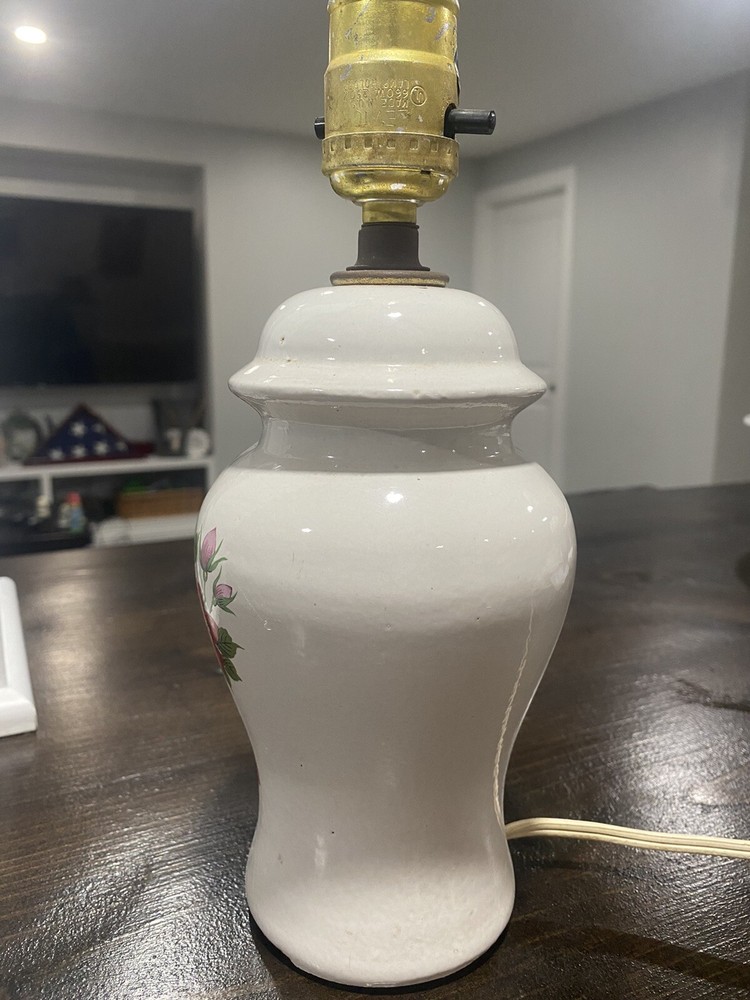 Functioning Vintage White Floral Ceramic Table Lamp NO SHADE