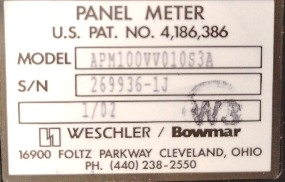 Weschler Bowmar APM100VV010S3A 0-100 Analog Panel Meter