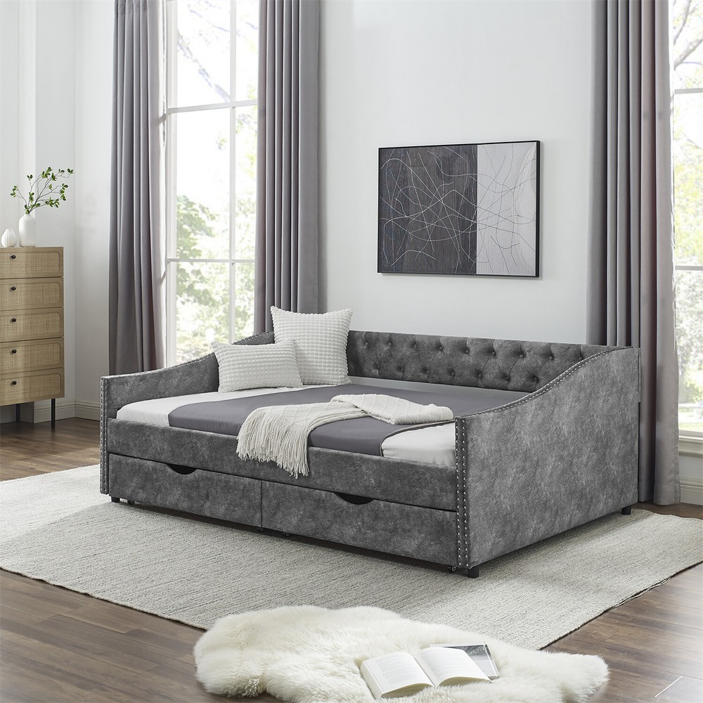 Full Size Daybed Upholstered Bed Frame Sofa Bed with 2 Storage Drawers US