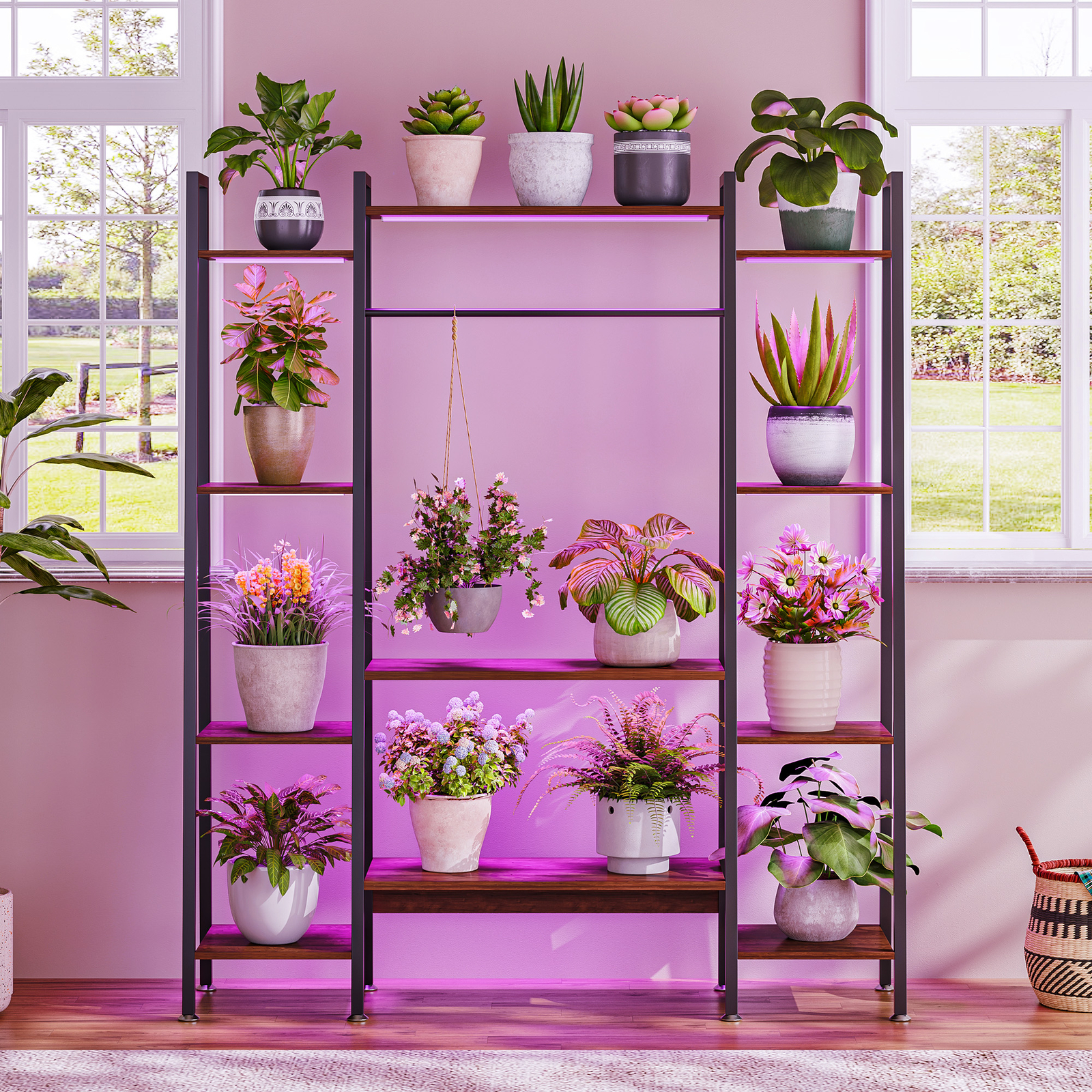 11 Tiers Plant Stand Holder Shelf with Grow Lights Tall Plant Display Rack Metal