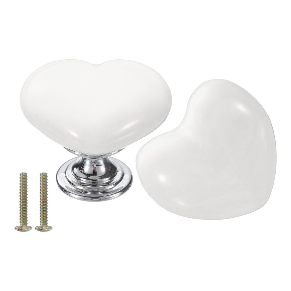 2 Packs Heart-Shaped Ceramic Drawer Knobs White/Silver Dresser Pulls Handles