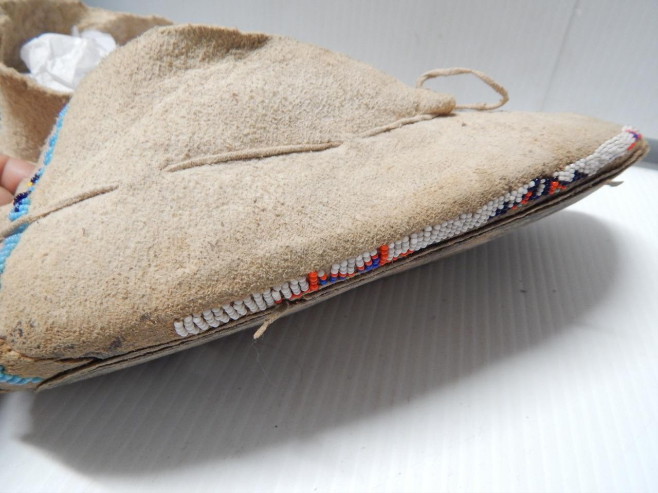 ANTIQUE VINTAGE KIOWA INDIAN BEADED MOCCASINS - HARD SOLES - BRAIN TANNED