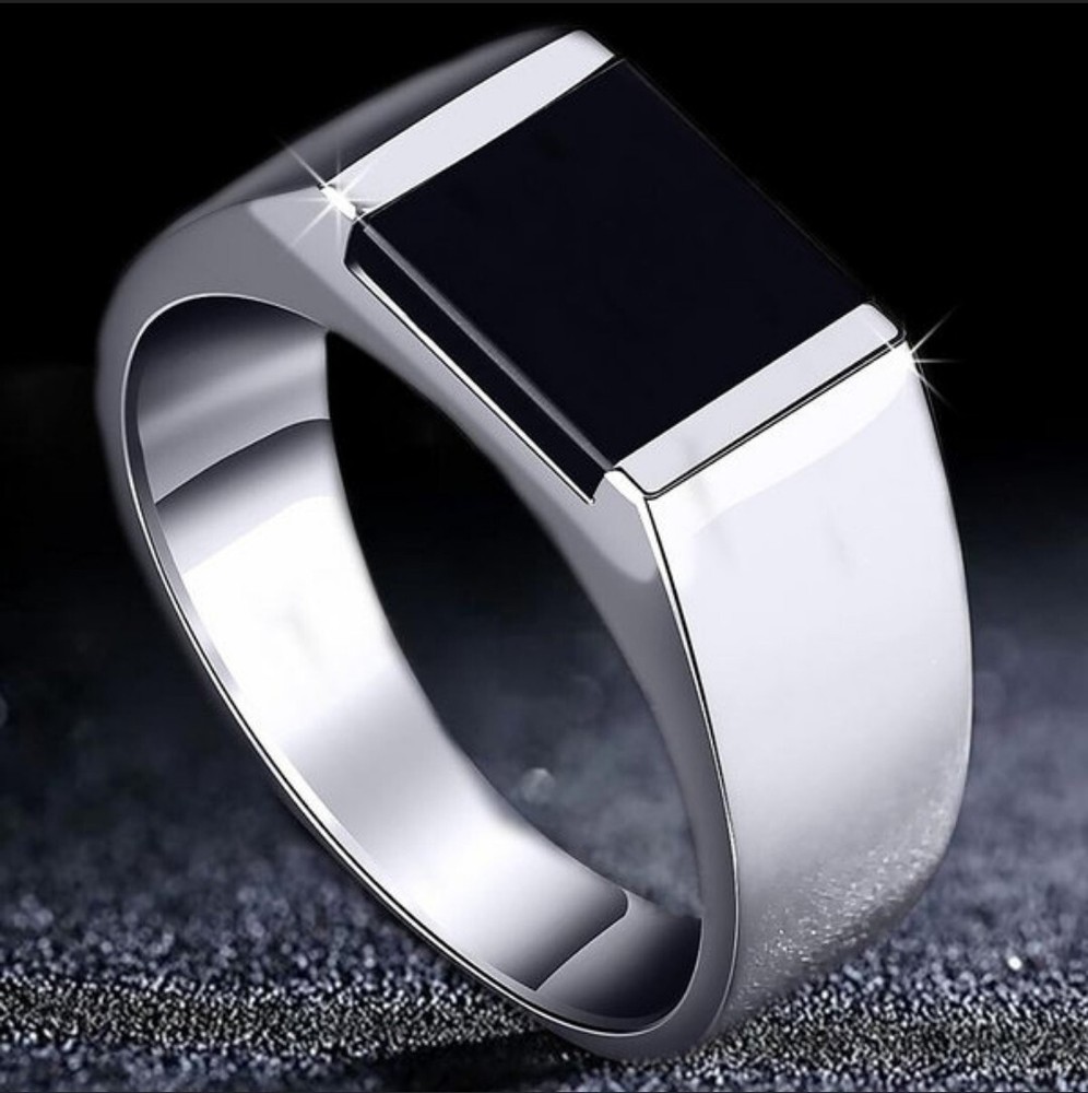 Men’s Black Onyx Style Ring Silver Minimalist Rectangular Signet Band