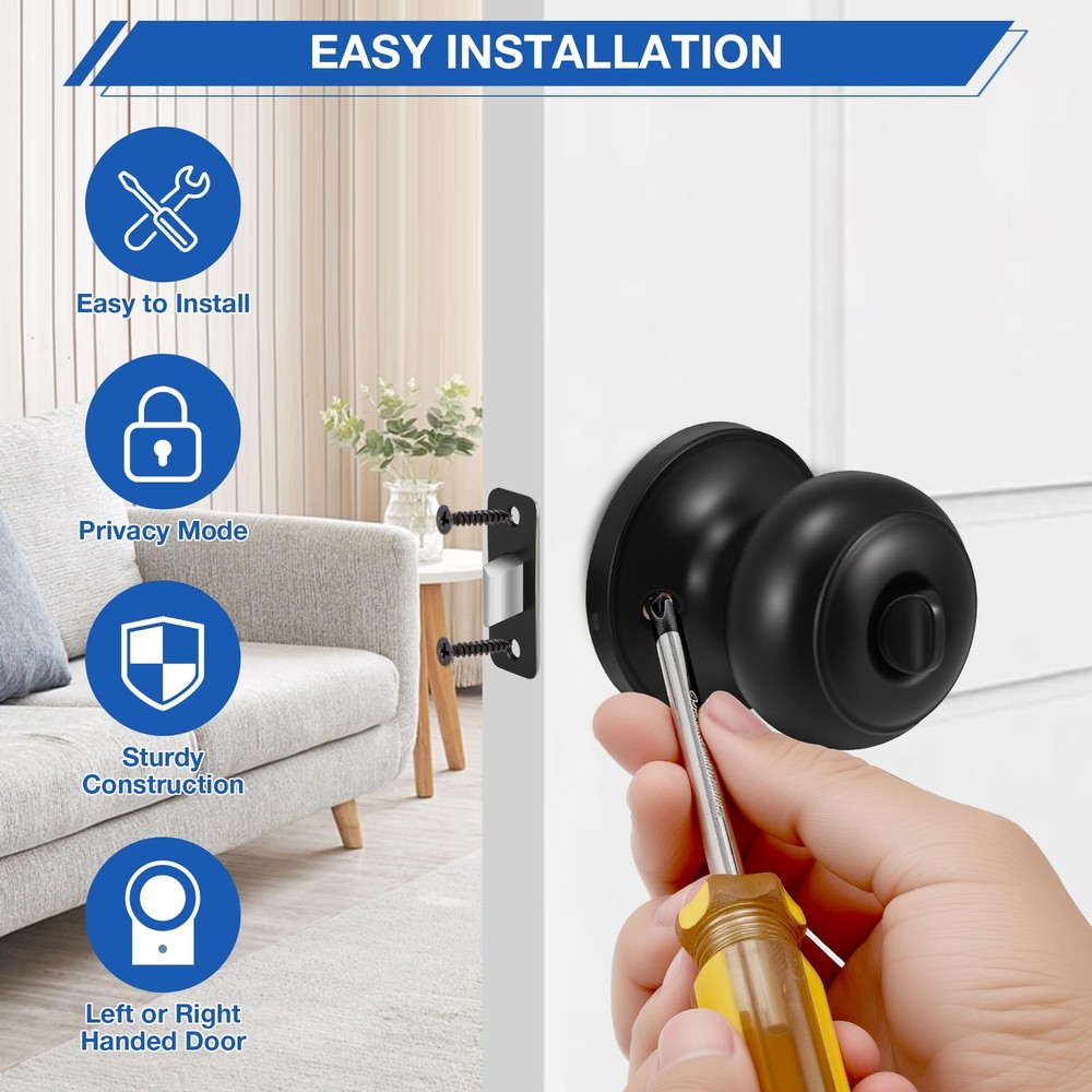 Plustool 6 Pack Matte Black Door Knobs, Privacy Knob with