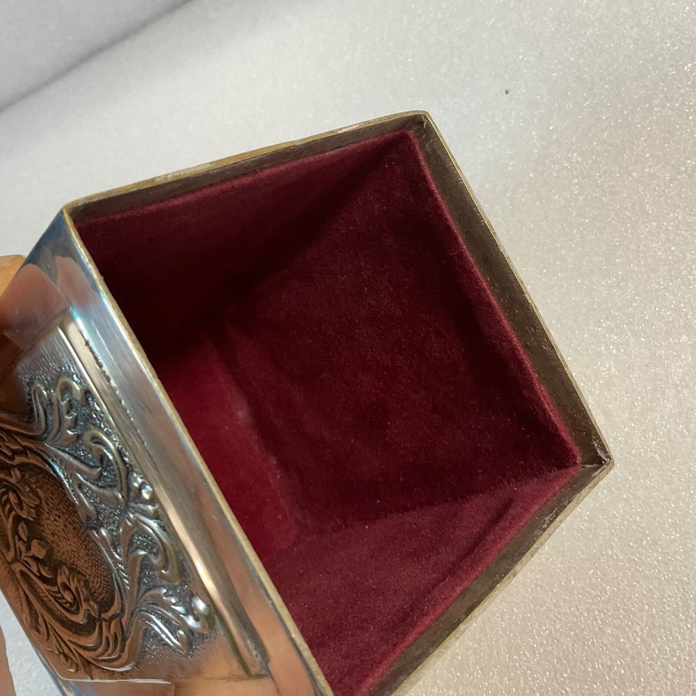 India Silver Plated Red Felt Lined 7.5" Tall Decorative Lined Trinket Box