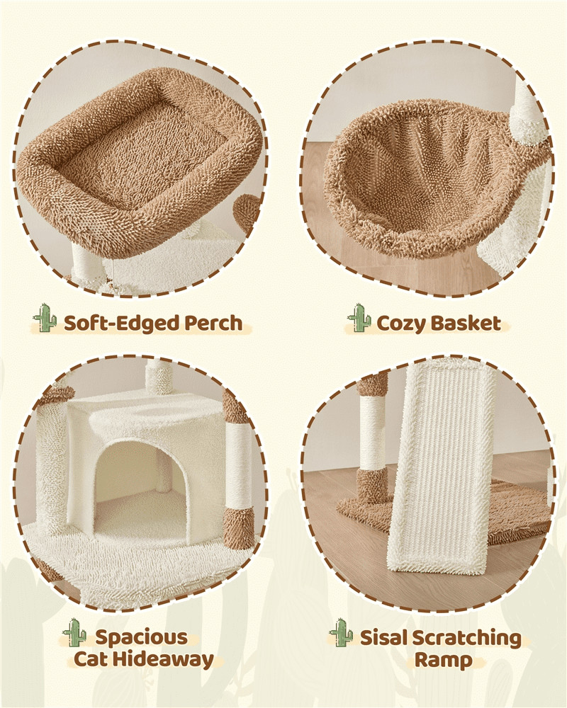 42" Height Cactus Cat Tree W/ Scratching Posts & Platform Beige/Brown