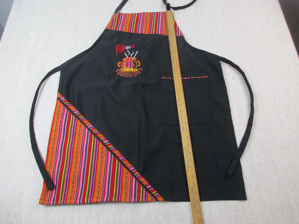 Peru Peruvian Design Kitchen Apron Black Chest Pocket Lightweight Neck Strap