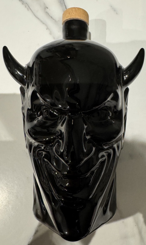 Fallen Angel Empty shiny Black Spiced Rum Bottle Devil