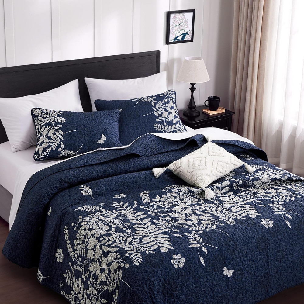 Floral Quilt Set, Botanical Elegant Flower Tree Leaf Modern Pattern Printed, Rev