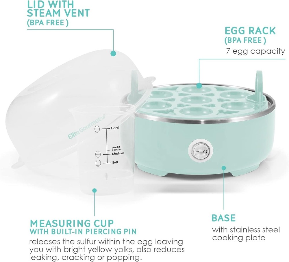 Elite Gourmet EGC115B Easy Egg Cooker Electric 7-Egg Capacity, Soft, Medium, Har