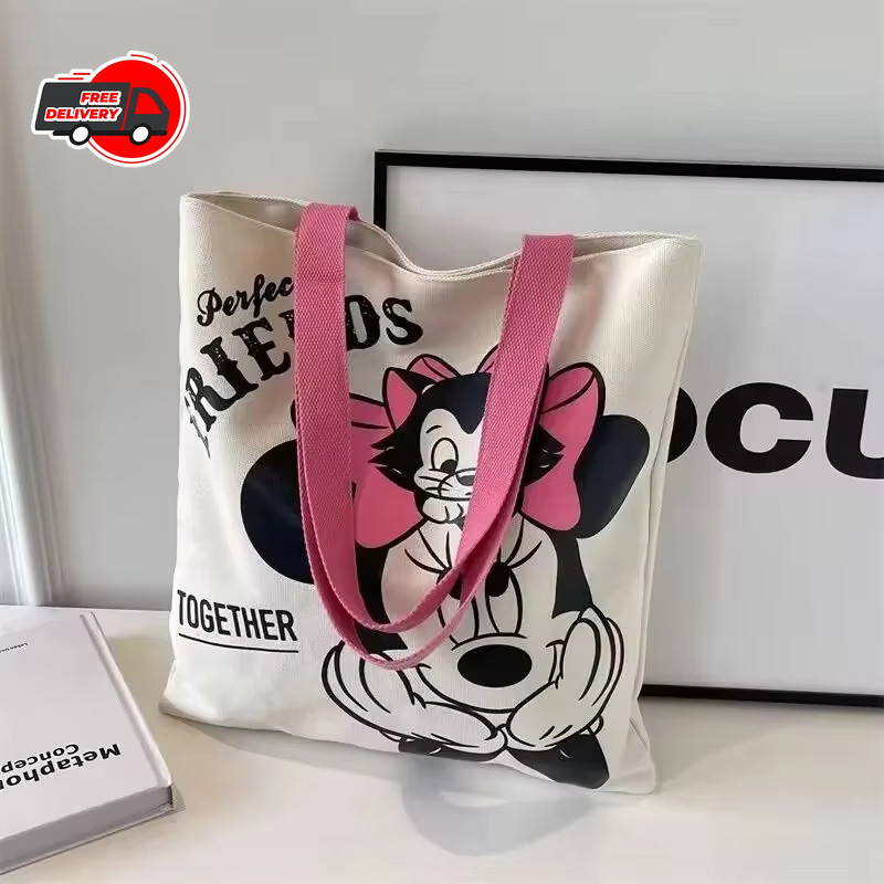 Mickey Minnie Cartoon Printed Canvas Tote Bag Large Capacity Fashion Handbag