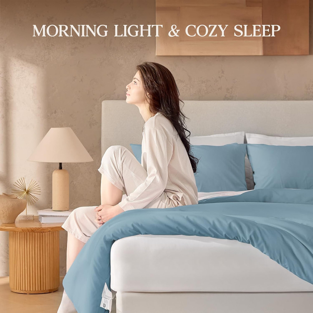 Queen Size Comforter Set Grayish Blue, Solid Bed Comforter Set 3 Pieces, Soft Co