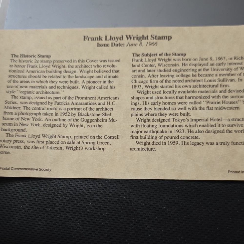 1966 Frank Lloyd Wright First Day Issue 2 Cent Stamp Envelope