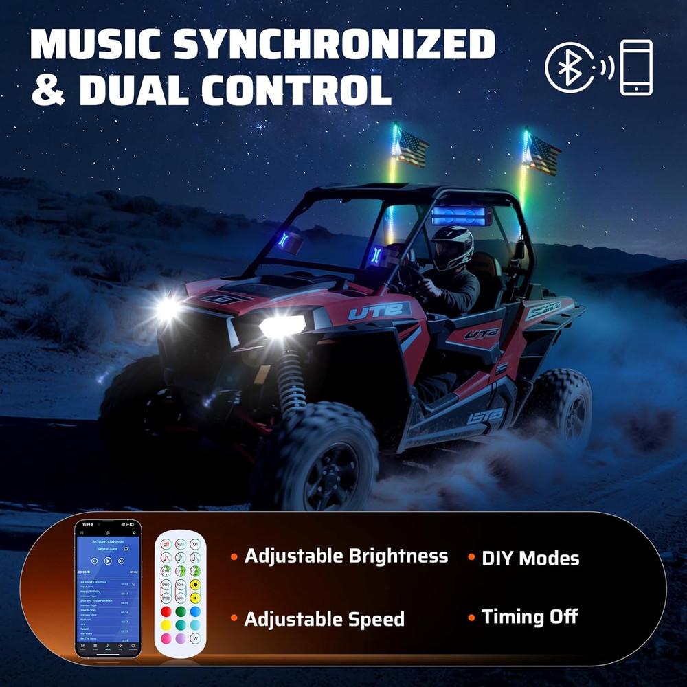 2 PCS 3FT Whip Lights with Spring Base, APP & Remote Control Led Whip Lights for