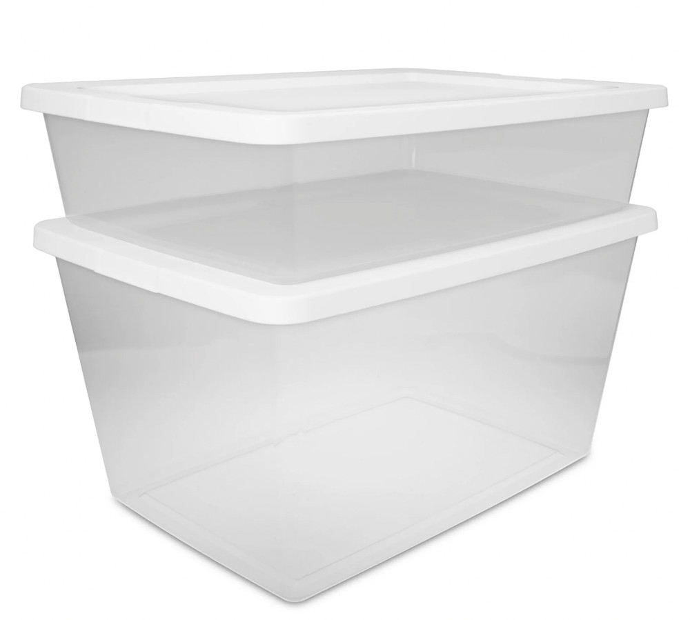 58 Qt Storage Box 8 Pack Clear Plastic Bin, White Snap Lid Stackable