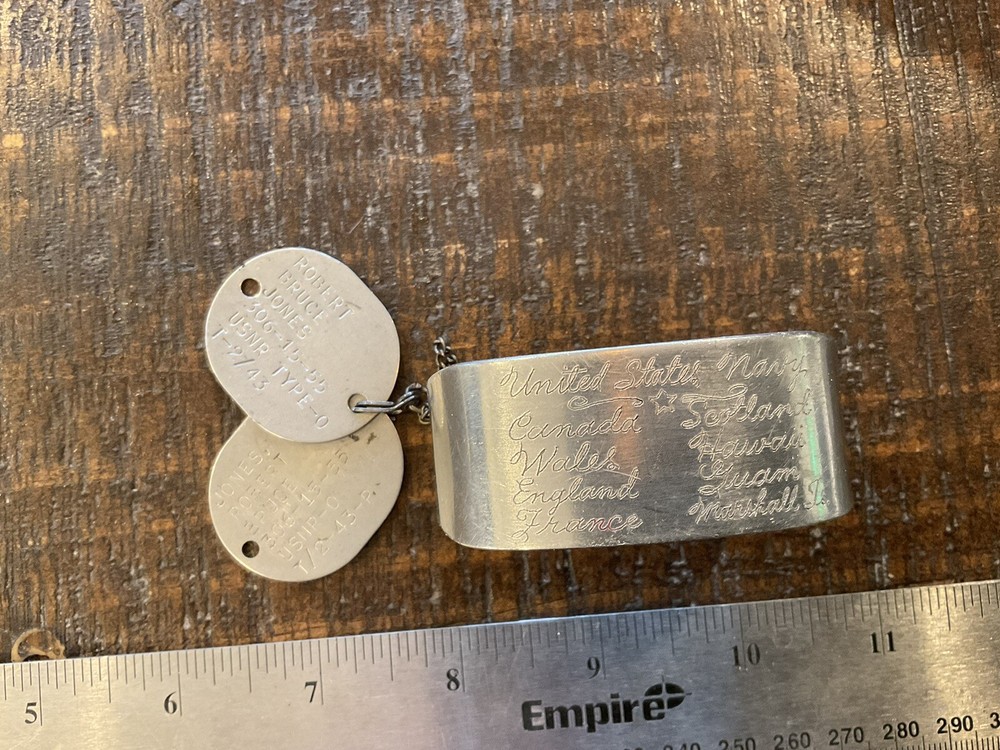 ORIG WWII USN DOG TAG PAIR + NAMED THEATER MADE CUFF BRACELET W/ PLACES SERVED