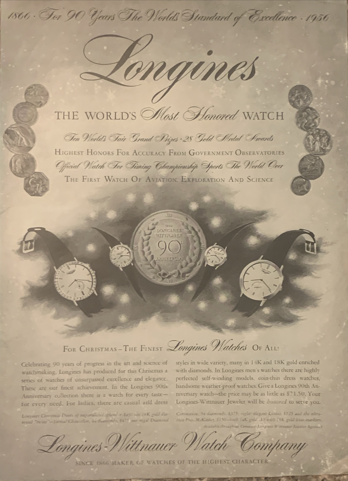 1956 Longines-Wittnauer Watch PRINT AD Standard Excellence Christmas VTG 1950s