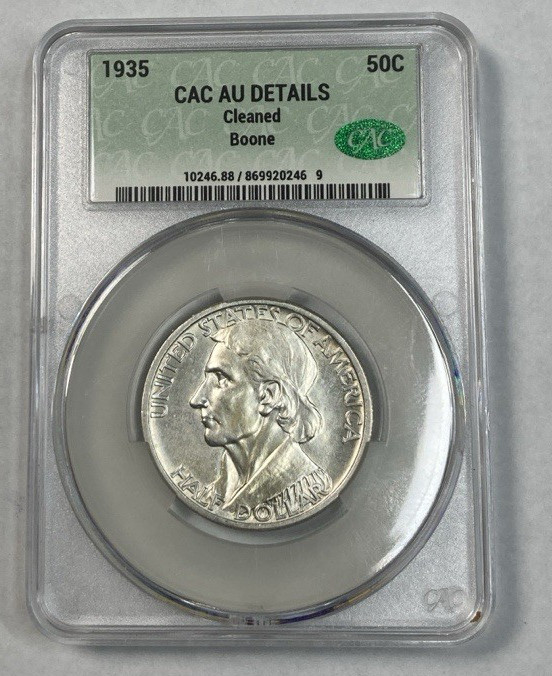 1935 Daniel Boone Commemorative Half Dollar CAC AU Details Cleaned Low Mintage