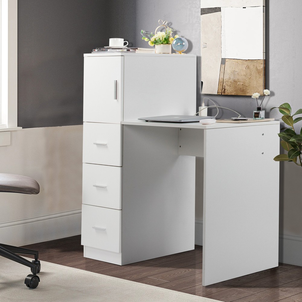 White embossed chipboard computer desk with 2 power sockets