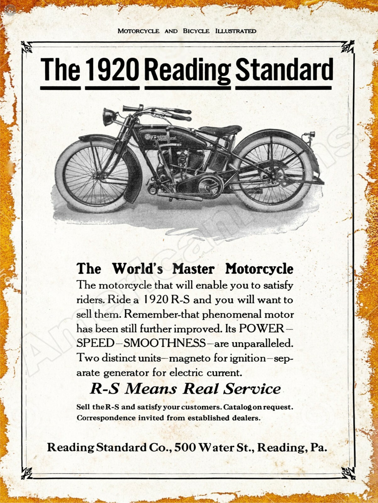 1920 Reading Standard RS Motorcycle New Metal Sign: Reading, Pennsylvania