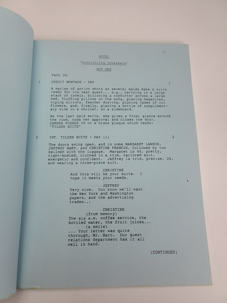 HOTEL / J.P. Brown 1986 TV Script, Morgan Stevens "Controlling Interests"