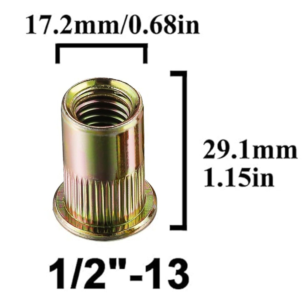 20 Pcs Rivet Nut 1/2"-13 UNC Flat Head Rivnut Threaded Insert Nut Zinc Plated