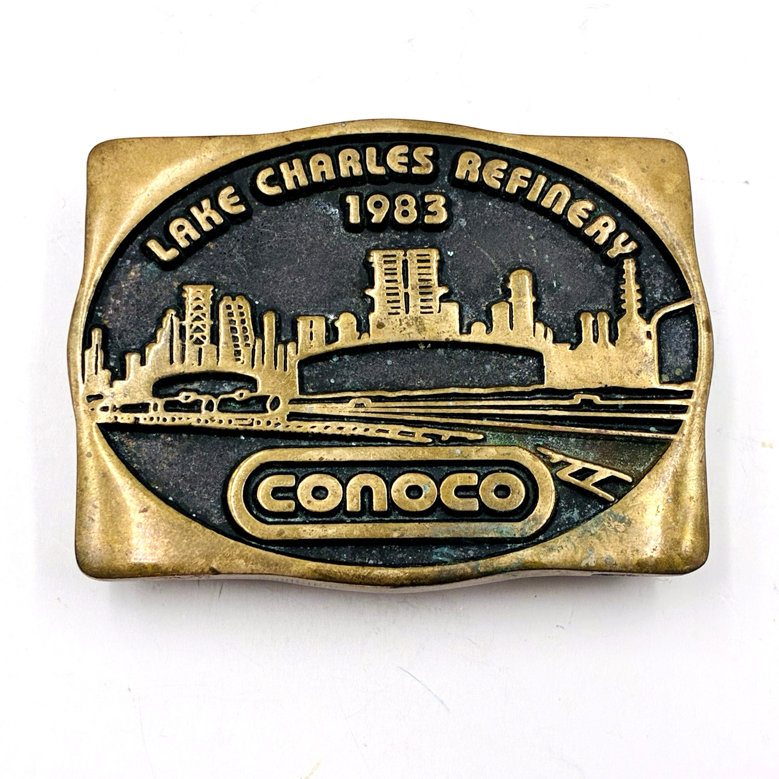 1983 Conoco Lake Charles Refinery 3"x2.25" Brass Buckle 1.75" Belt Width a196
