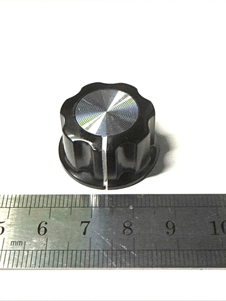 one black knob OD = 27 mm for 6 mm shaft 0.25 inch+ chrome inlay