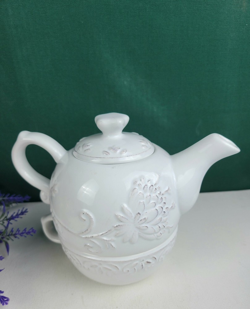 Dena Home Stackable Teapot + Cup - White Embossed Scroll/Floral