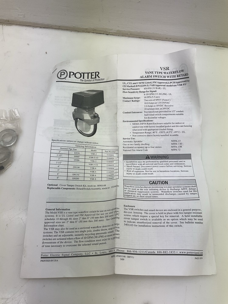 Potter VSR-2” Water Flow Indicator NIB