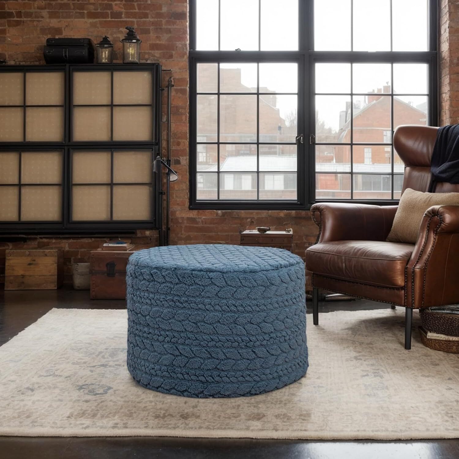 Round Pouf Ottoman 20x14 In Floor Pouffe Ottoman Foot Rest for Couch Living Room