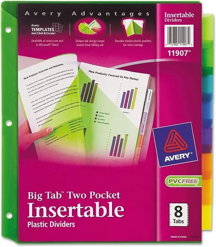 Avery 11907 Two-Pocket Insertable Dividers, Plastic, 8-Tab, Multi-Color