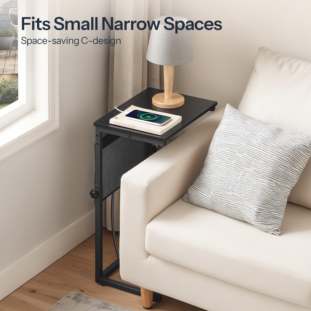 BB77USF01 Black C Shaped End Table With Charging Station Adjustable Height