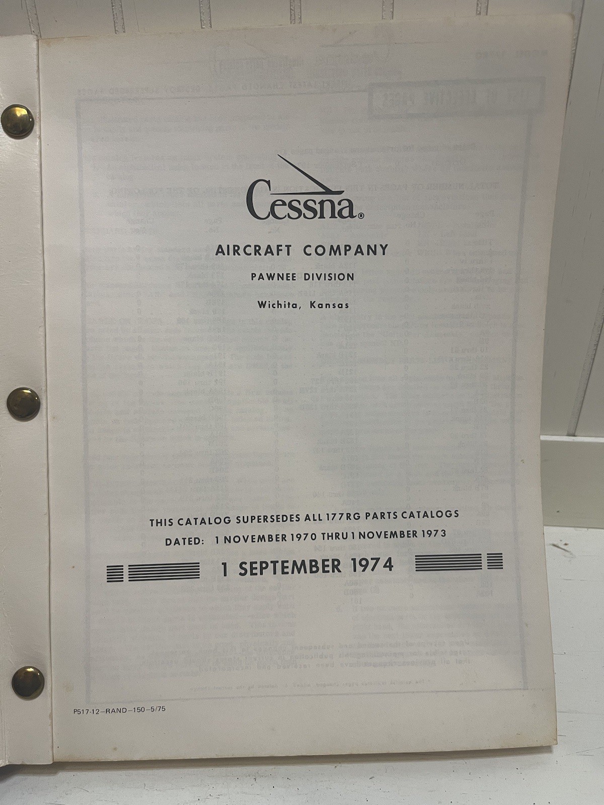 1971-1975 CESSNA Cardinal RG Parts Catalog Manual Original Book